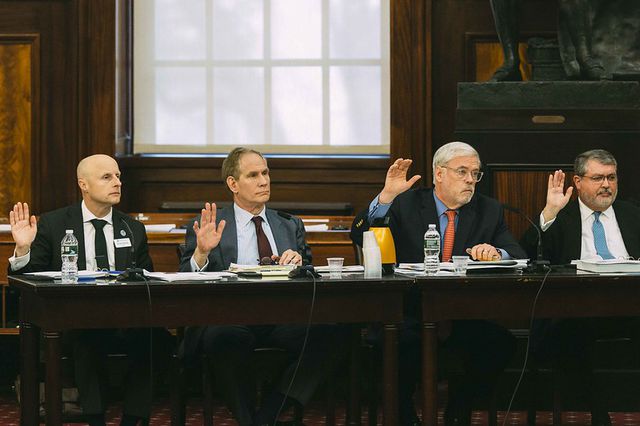 From left: New York City Transit President Andy Byford, the head of MTA Capital Construction Janno Lieber, CEO Pat Foye, and Chief Financial Officer Bob Foran, testify at Monday's City Council hearing.